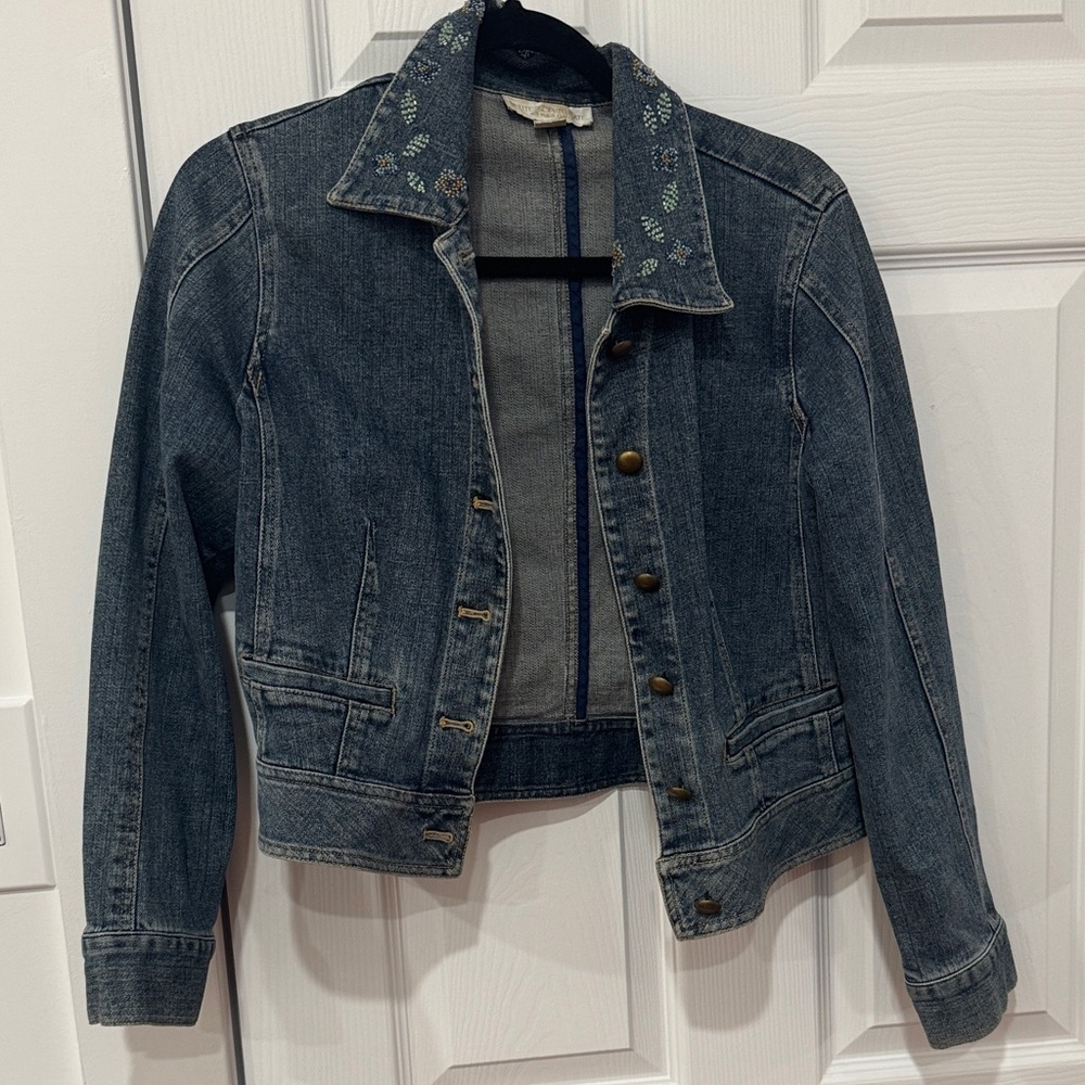 Petite Sophisticate Blue Jean Jacket with Embroidery